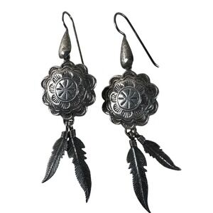 Sterling Silver 925 Southwestern‎ Concho Feather Dangle Drop Earrings Native